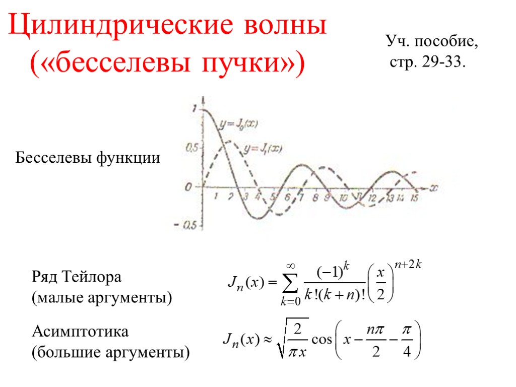 Цилиндрические волны («бесселевы пучки») Уч. пособие, стр. 29-33. Бесселевы функции Ряд Тейлора (малые аргументы)